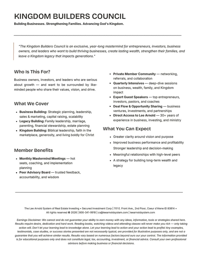 Kingdom Builders Council One-Pager